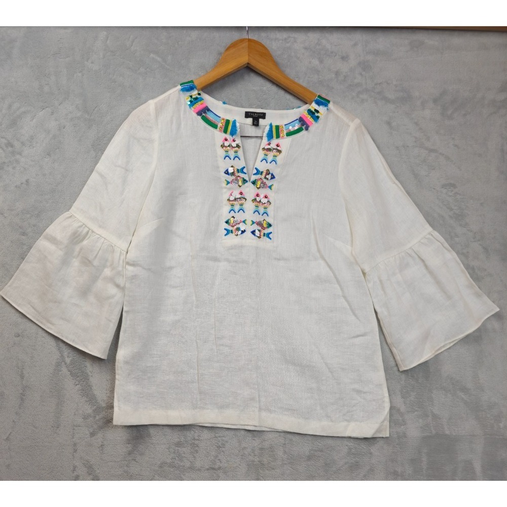 Talbots Linen Tunic White Embroidered Fish Shirt Small Petites 3/4 Bell Sleeve